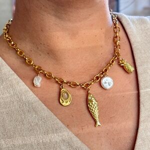 Gold Charm Necklace with Fish and Pineapple